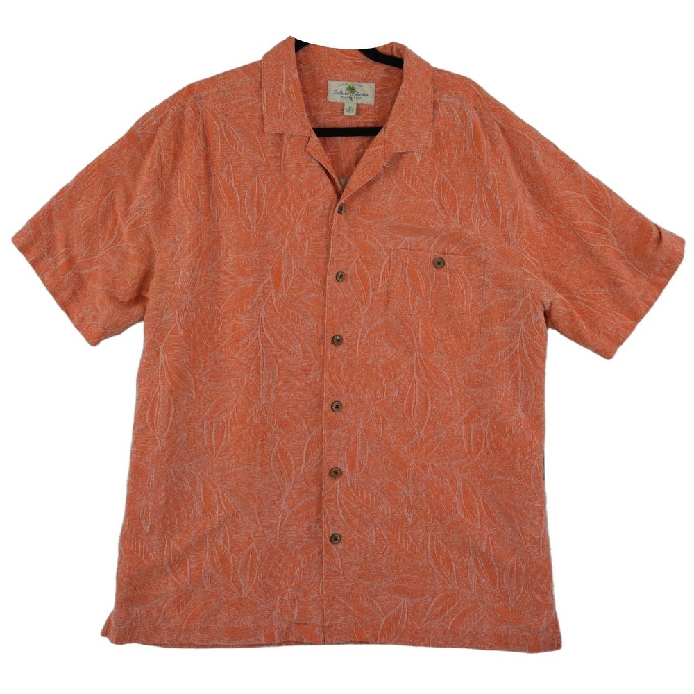 Island Shores Camp 100% Silk Shirt Men's Size XL Orange Jacquard Button Hawaiian